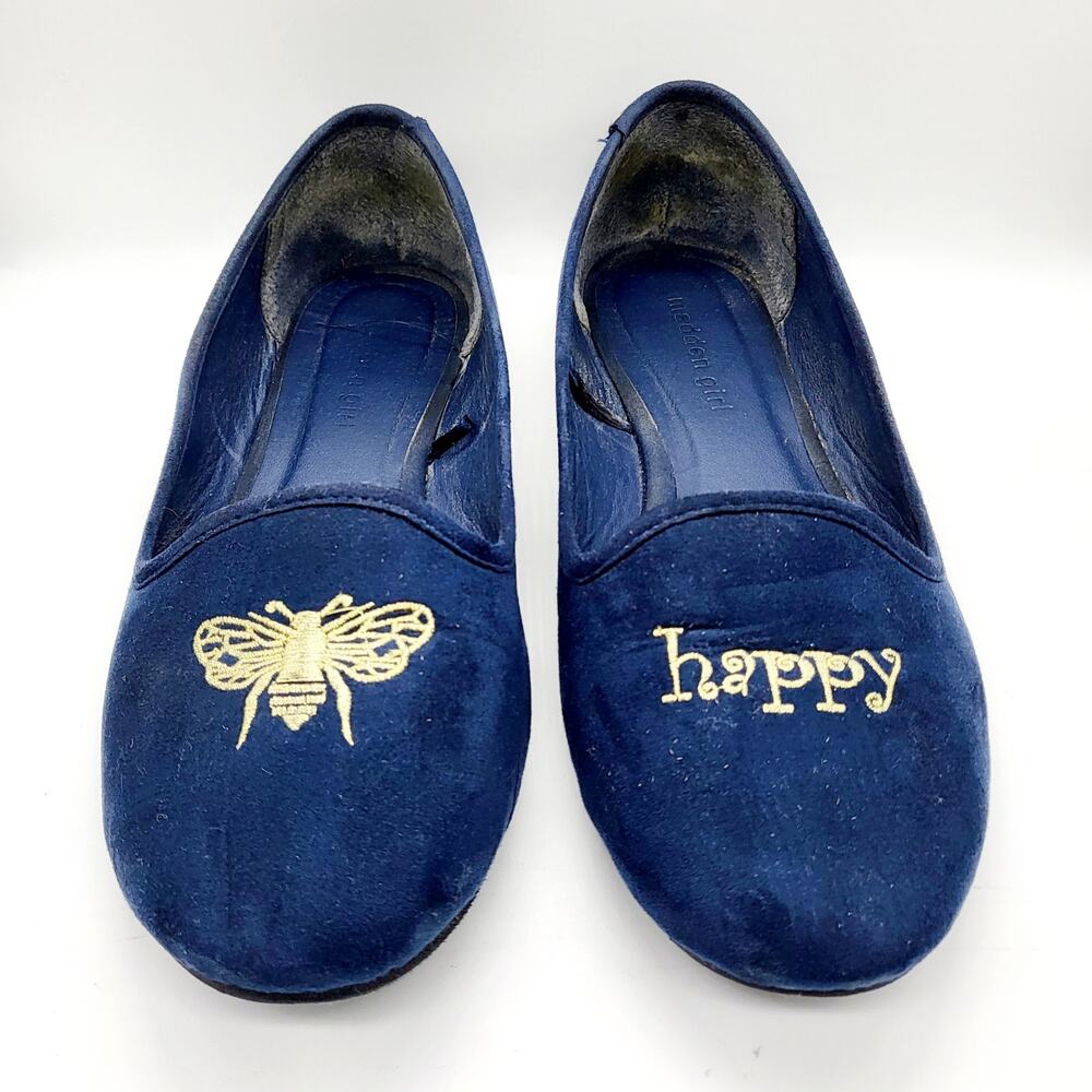 Madden Girl Bee Happy Navy Blue Glod Embroidered Round Toe Flats Women’s Sz 8.5